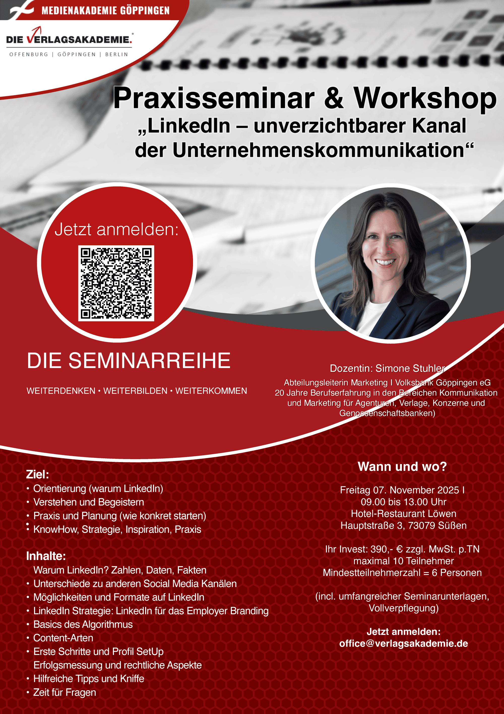 Flyer Praxisseminar und Workshop LinkedIn - unverzichtbarer Kanal der Unternehmenskommunikation 07. November 2025